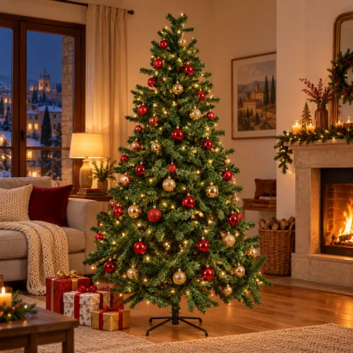 L’albero di Natale addobbato in un soggiorno la sera (addobbi non inclusi)